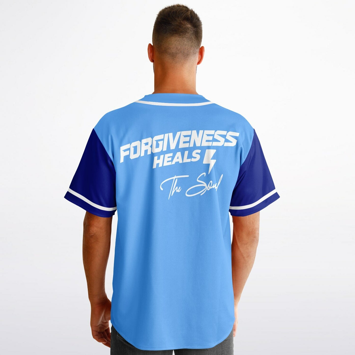 MTST: REVERSIBLE Baseball Jersey- Forgiveness Heals The Soul -White Sleeves/White Trim & Blue Sleeves/White Trim