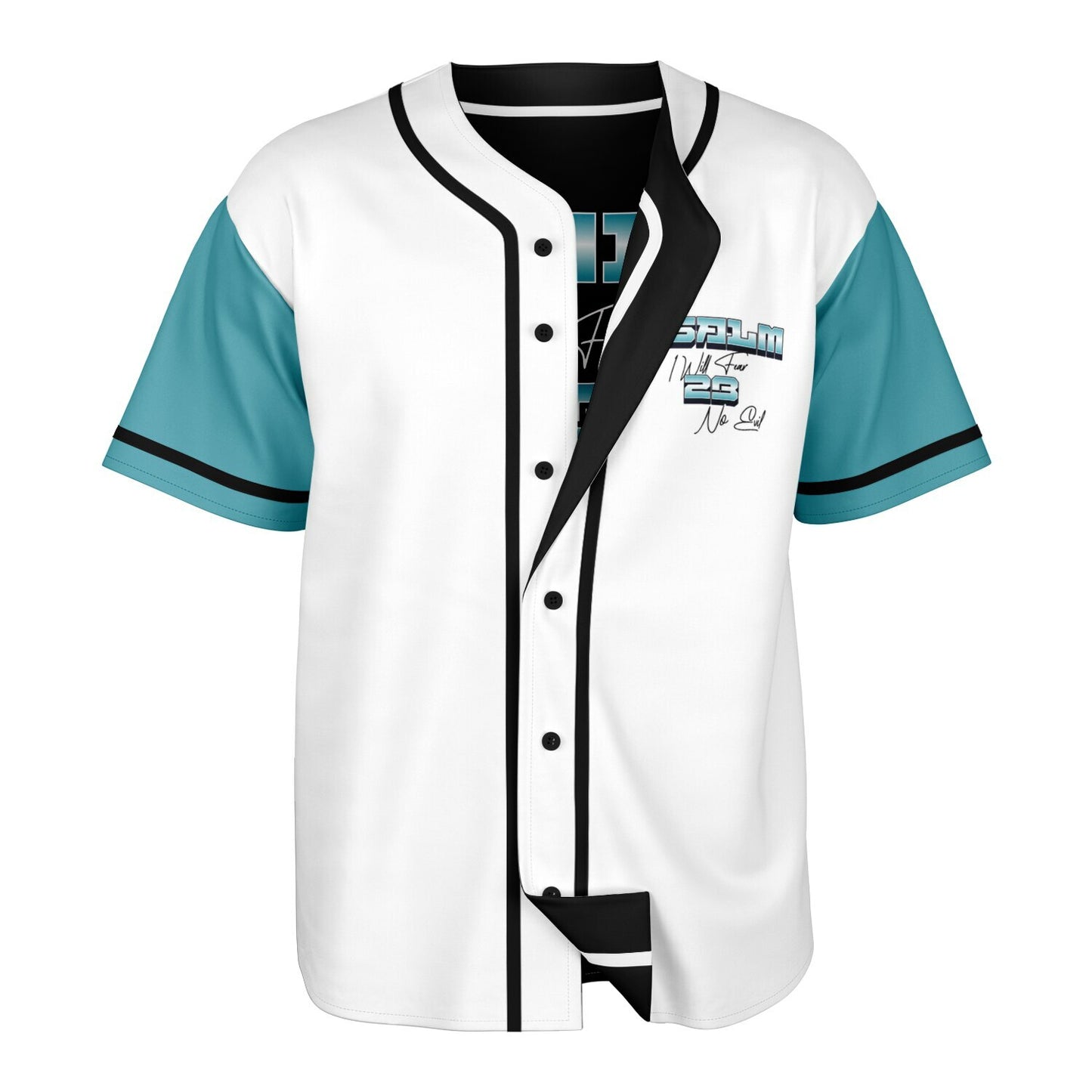 MTST: REVERSIBLE Baseball Jersey - Psalm 23- I Will Fear No Evil-Turquoise Sleeve/Black Trim & Black Sleeves/White Trim