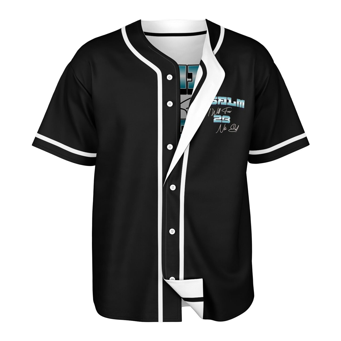 MTST: REVERSIBLE Baseball Jersey - Psalm 23- I Will Fear No Evil-Turquoise Sleeve/Black Trim & Black Sleeves/White Trim