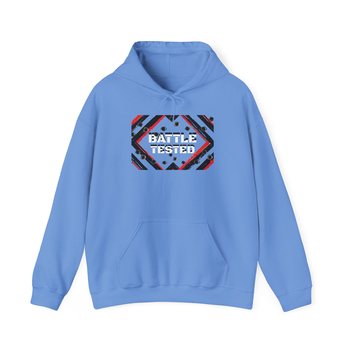 Sudadera con capucha unisex de mezcla pesada probada en batalla: letras blancas sobre negro/sin base