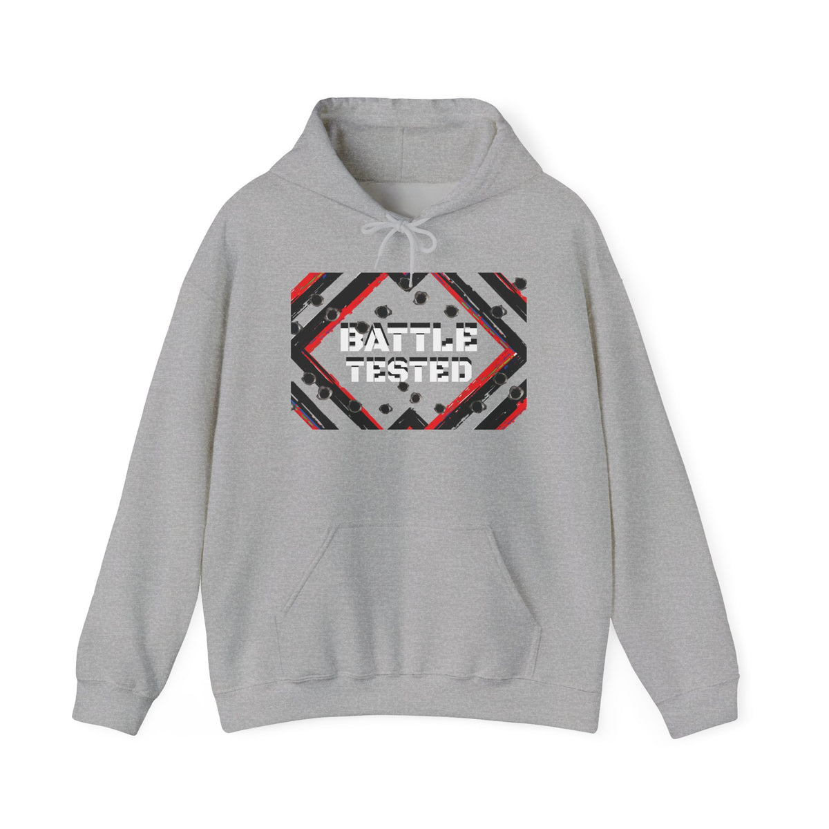 Sudadera con capucha unisex de mezcla pesada probada en batalla: letras blancas sobre negro/sin base