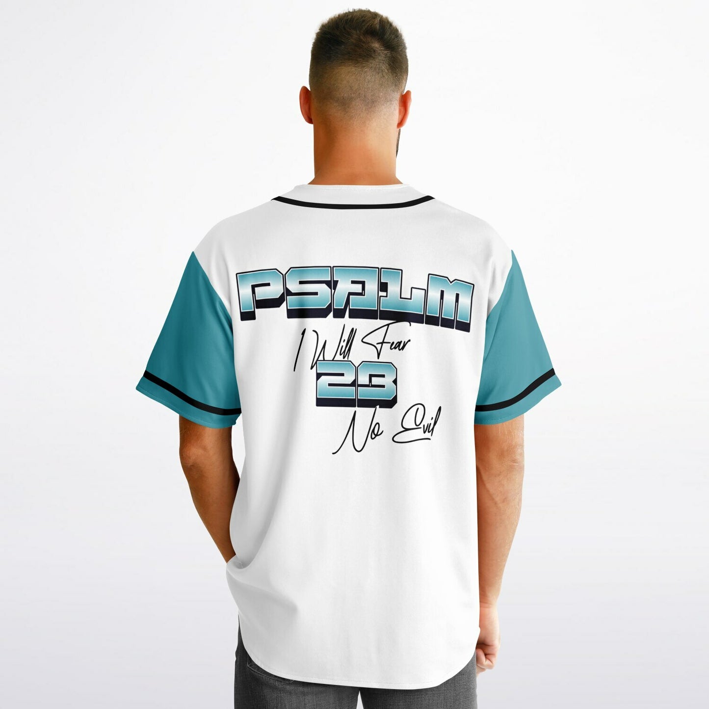 MTST: REVERSIBLE Baseball Jersey - Psalm 23- I Will Fear No Evil-Turquoise Sleeve/Black Trim & Black Sleeves/White Trim