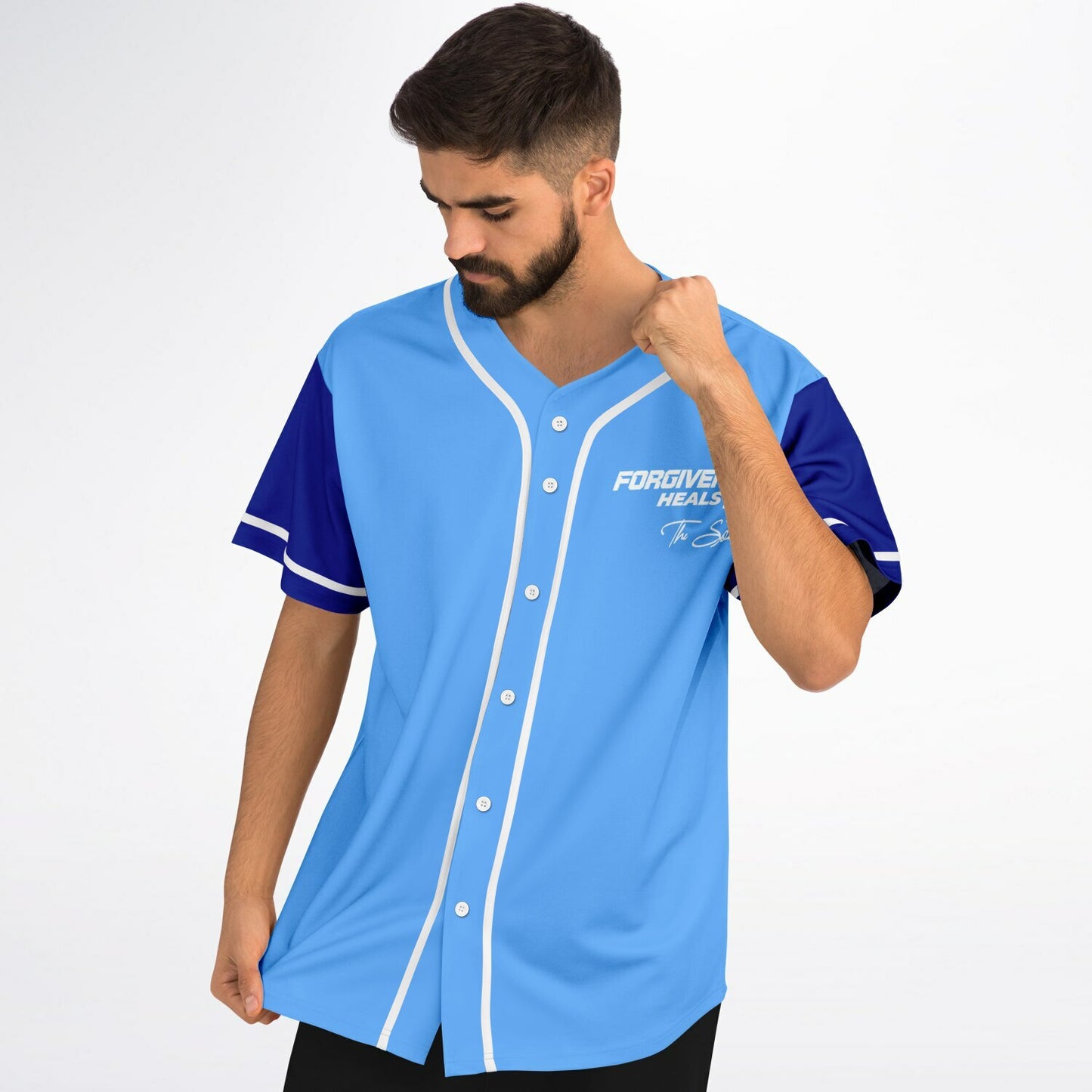 MTST: Forgiveness Heals The Soul Baseball Jersey- Blue Sleeves/White Trim