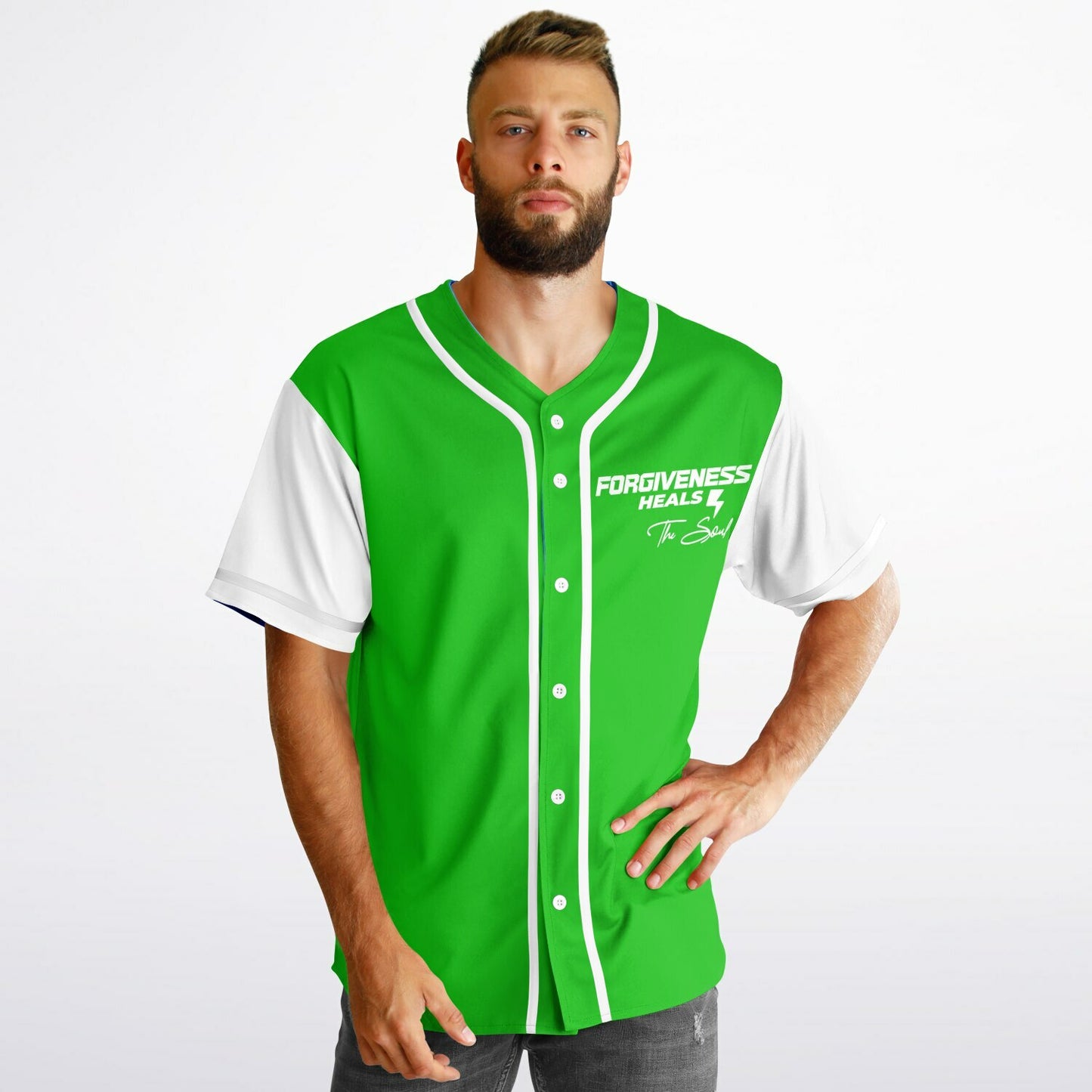 MTST: REVERSIBLE Baseball Jersey- Forgiveness Heals The Soul -White Sleeves/White Trim & Blue Sleeves/White Trim