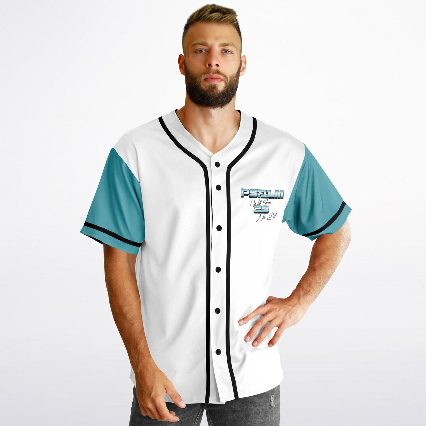 MTST: REVERSIBLE Baseball Jersey - Psalm 23- I Will Fear No Evil-Turquoise Sleeve/Black Trim & Black Sleeves/White Trim