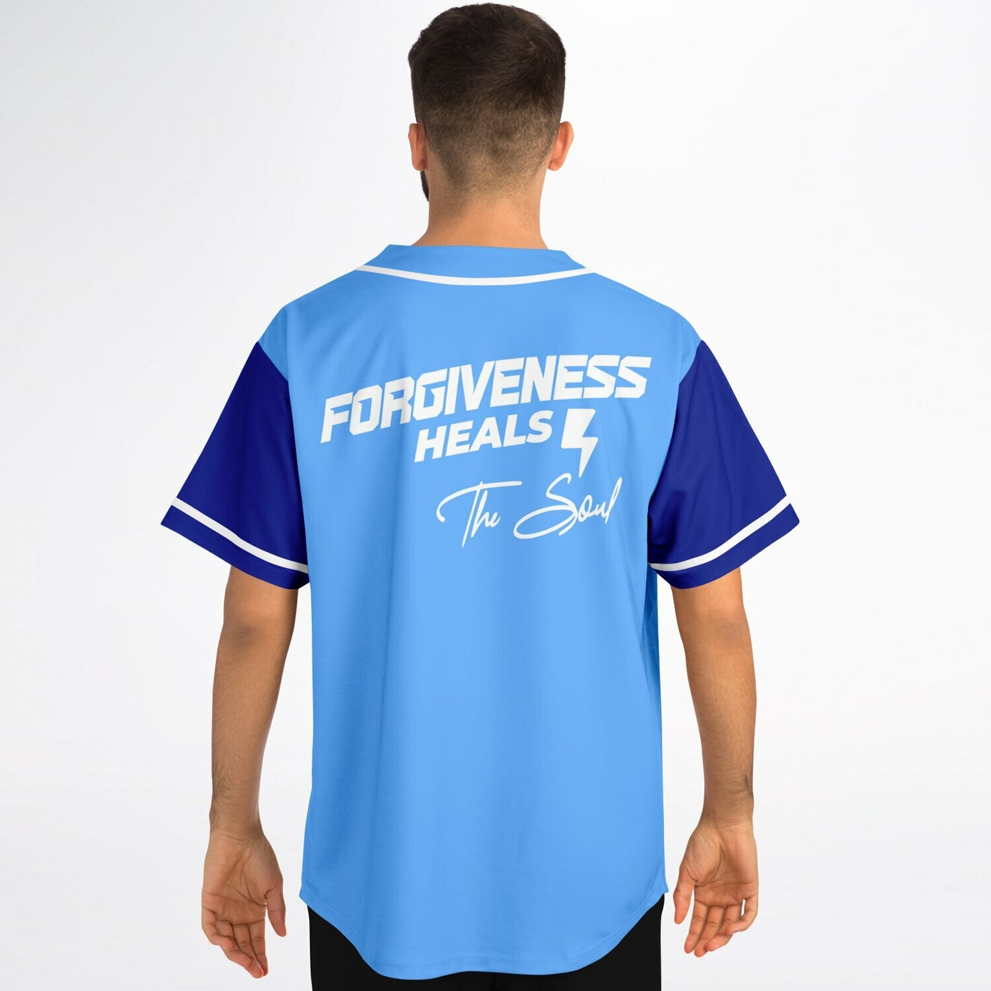 MTST: Forgiveness Heals The Soul  Baseball Jersey- Blue Sleeves/White Trim