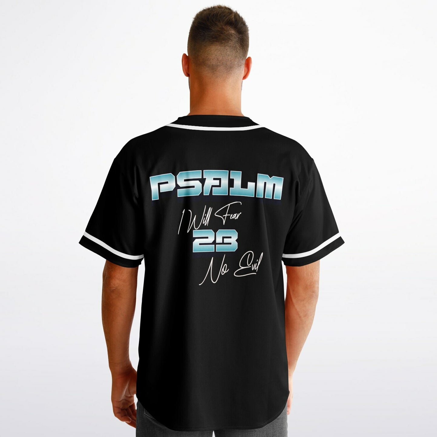 MTST: REVERSIBLE Baseball Jersey - Psalm 23- I Will Fear No Evil-Turquoise Sleeve/Black Trim & Black Sleeves/White Trim
