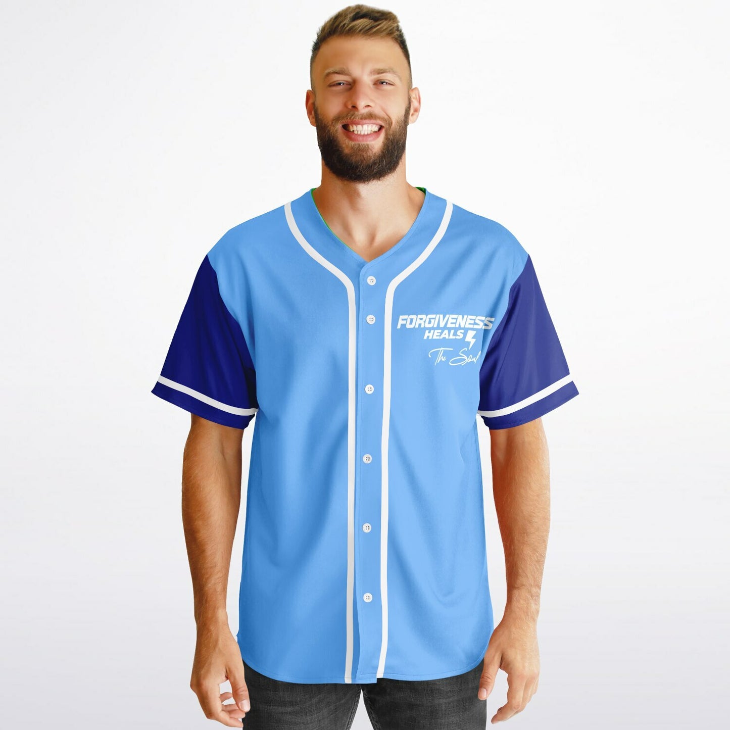 MTST: REVERSIBLE Baseball Jersey- Forgiveness Heals The Soul -White Sleeves/White Trim & Blue Sleeves/White Trim