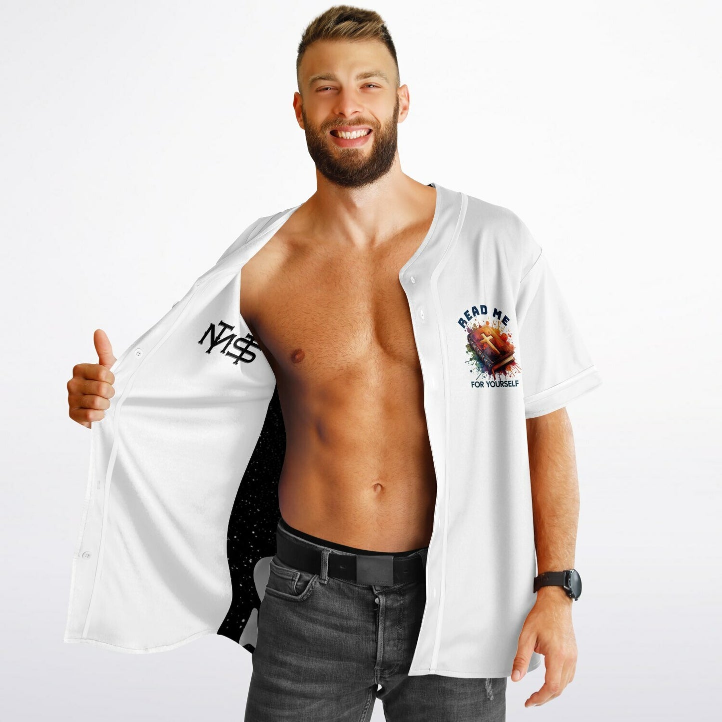 MTST: REVERSIBLE Baseball Jersey- And God Said & Read Me For Yourself-Black Sleeves /White Trim & White Sleeves/White Trim