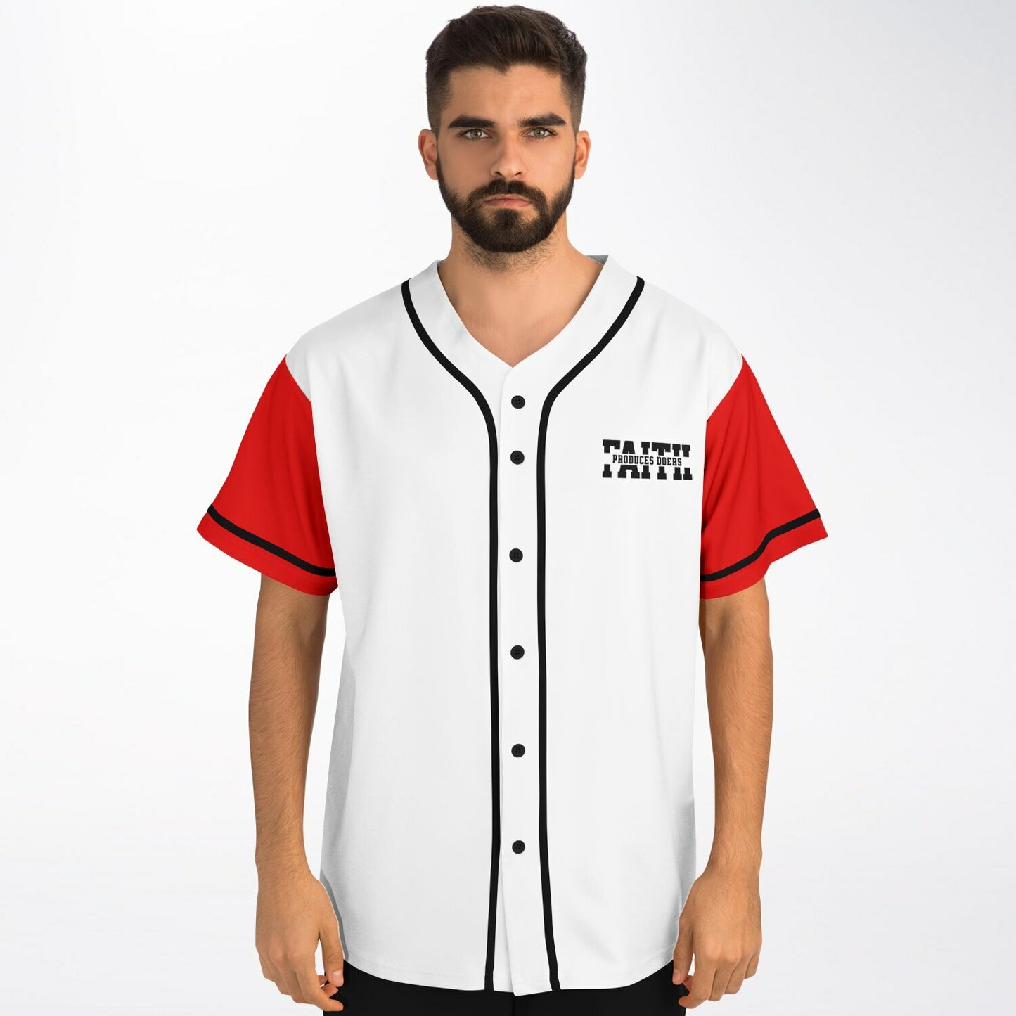 MTST: Faith Produces Doers Baseball Jersey- Red Sleeves/Black Trim