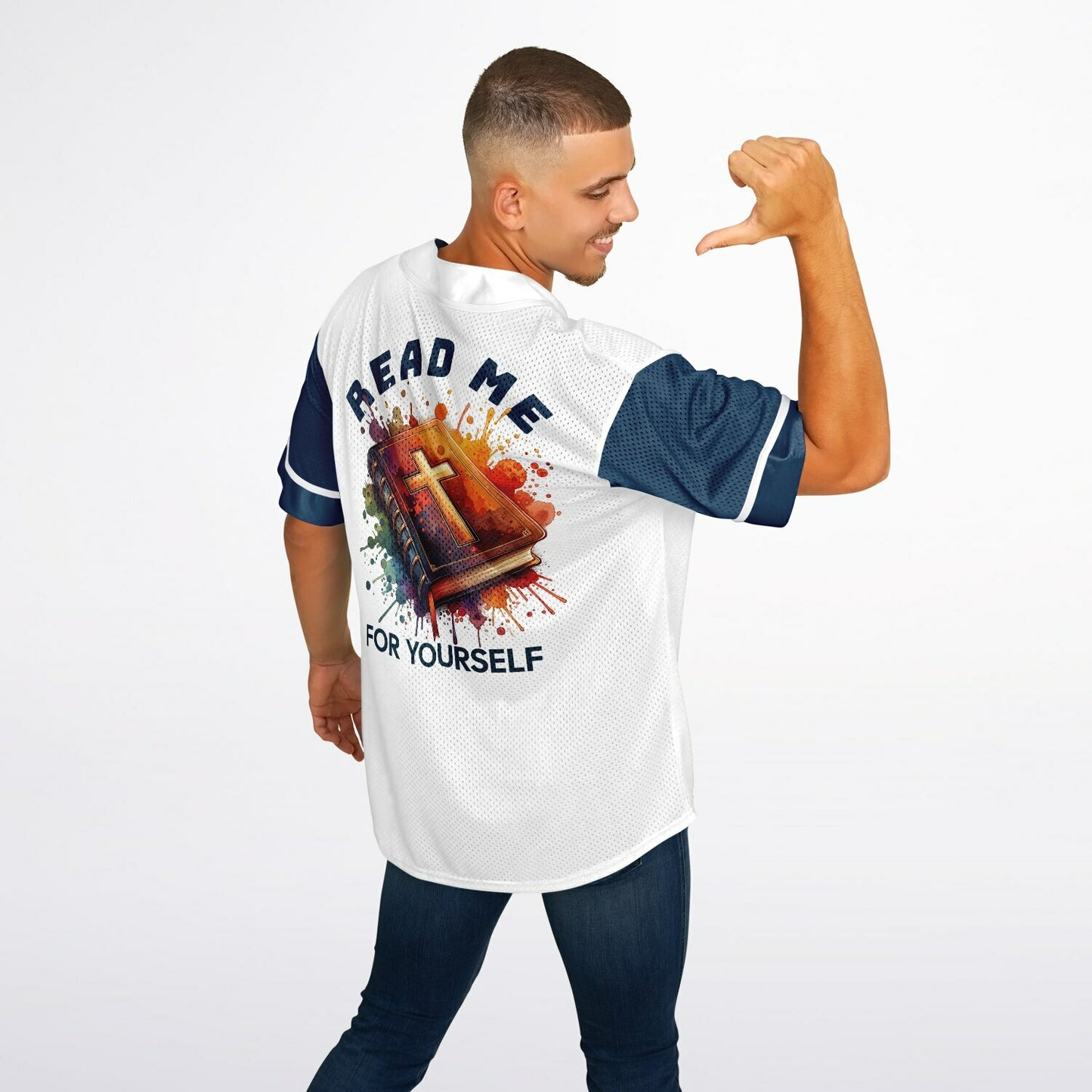 MTST: Read Me For Your Self Baseball Jersey- Blue Sleeves/White Trim